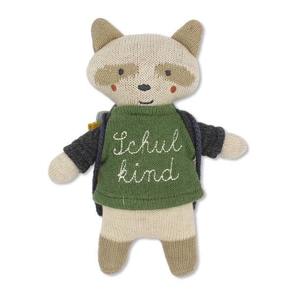 Waschbär „Schulkind“ mit Schulranzen und Shirt in grün/blau