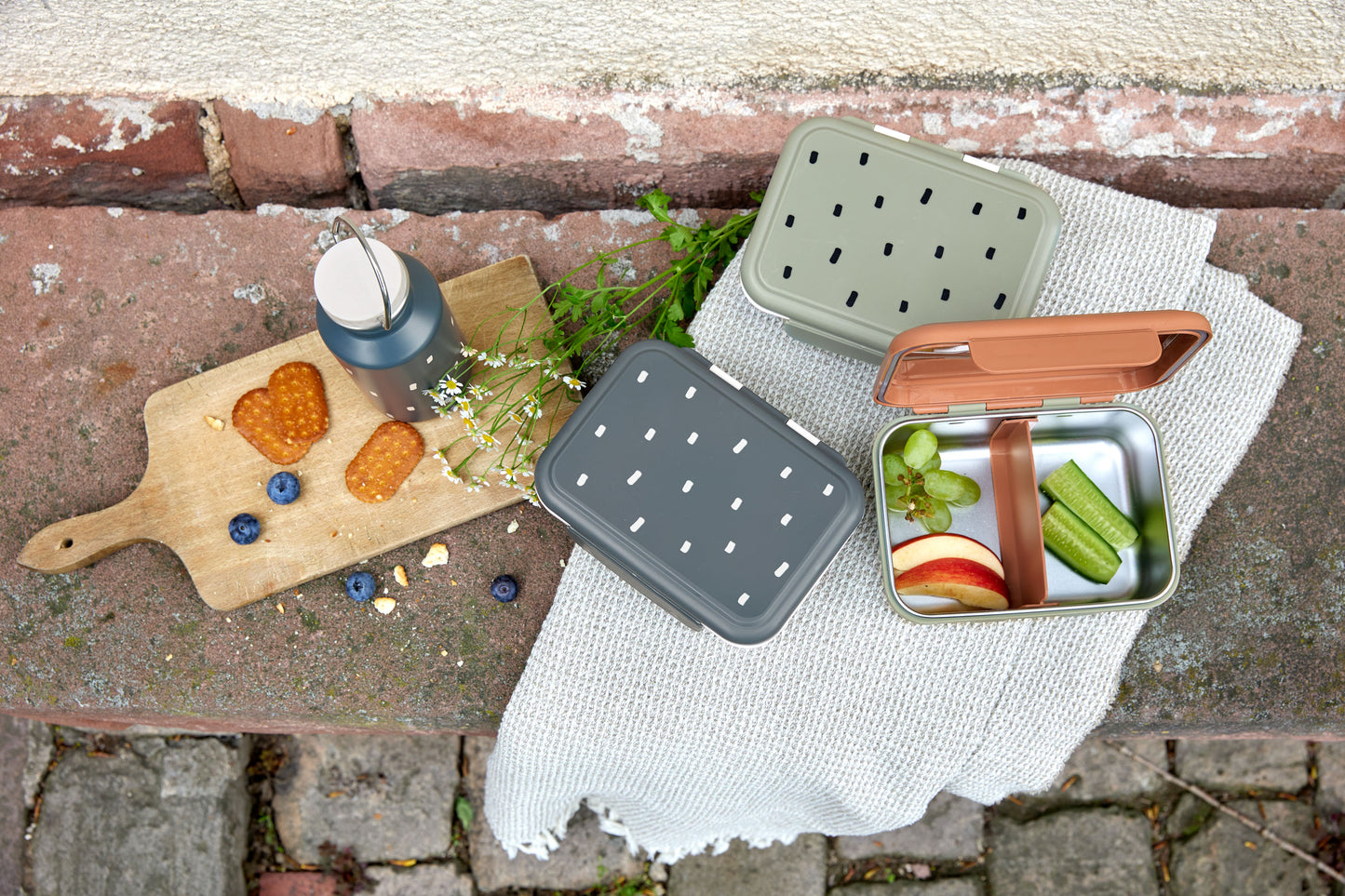 Edelstahl Brotdose, Happy Prints, oliv