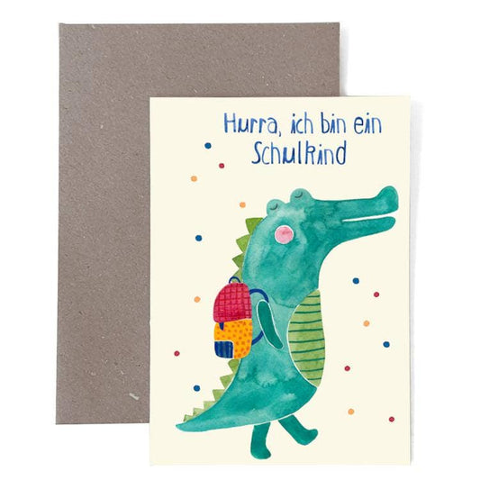 Grußkarte zur Einschulung "Schulkind" mit Krokodil