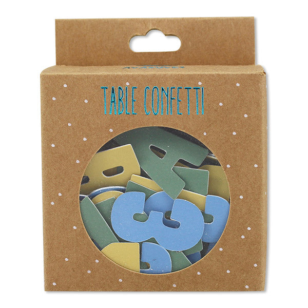 Table Confetti zur Einschulung - Buchstaben blau/grün/senf