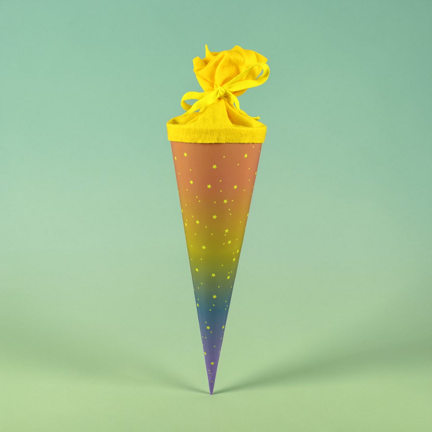 Schultüte mit Regenbogen und Sternen, neongelb, 35 cm