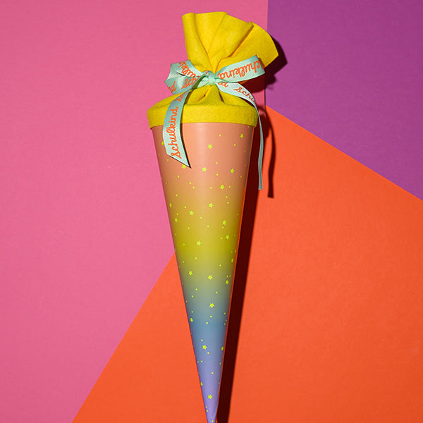 Schultüte mit Regenbogen und Sternen, neongelb, 35 cm