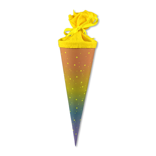 Schultüte mit Regenbogen und Sternen, neongelb, 35 cm