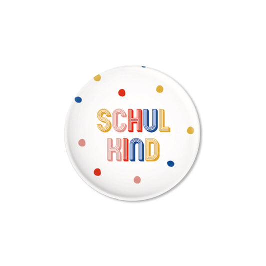 Button "Schulkind", mit bunten Punkten
