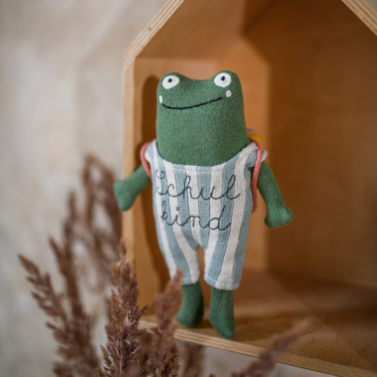 Frosch „Schulkind“ mit Schulranzen und Anzug in blau/creme