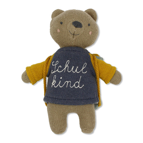 Bär „Schulkind“ mit Schulranzen und Shirt in blau/gelb